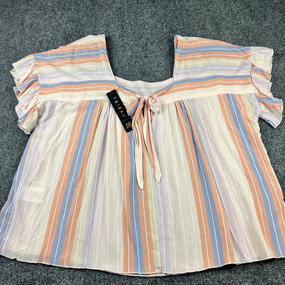 Boho Coastal Pastel Stripe Tie Front Peasant Blouse Flutter Slee NWT Womens XL